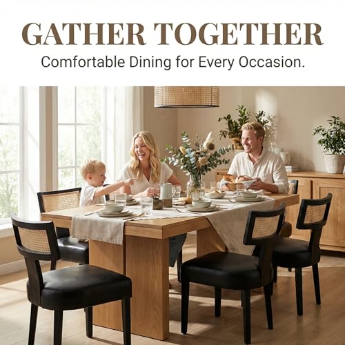 HNY Mid Century Modern Rattan Dining Chairs Set of 2, Farmhouse PU Leather Upholstered Accent Chair Curved Backrest Kitchen Chairs, with Black Hardwood Frame, Black - color: Black Rattan