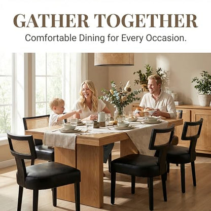 HNY Mid Century Modern Rattan Dining Chairs Set of 2, Farmhouse PU Leather Upholstered Accent Chair Curved Backrest Kitchen Chairs, with Black Hardwood Frame, Black - color: Black Rattan