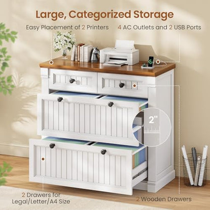 SEDETA 4 Drawers File Cabinet, 33" Farmhouse Filing Cabinets for Home Office fit Legal/Letter/A4 File, Wood Office File Cabinet with Power Outlets, Printer Stand with Storage, White+Brown - color: White+brown