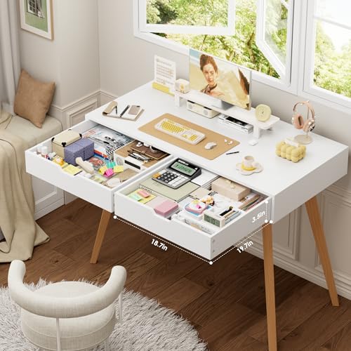 FOTOSOK White Writing Desk with 2 Drawers, Small Desk Makeup Vanity Table | Wood Computer Desk with 4 Solid Oak Legs, Home Office Desk & Study Table, Mid Century Desk for Bedroom Small Spaces, White - color: White and Oak