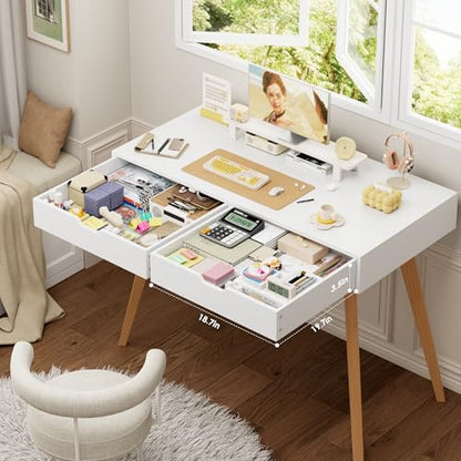 FOTOSOK White Writing Desk with 2 Drawers, Small Desk Makeup Vanity Table | Wood Computer Desk with 4 Solid Oak Legs, Home Office Desk & Study Table, Mid Century Desk for Bedroom Small Spaces, White - color: White and Oak