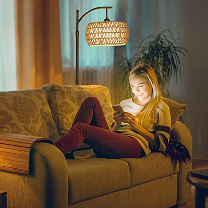 Arc Floor Lamp with Remote Control, Dimmable LED Floor Lamp with 3 Color Temperature, Black Standing Lamp with Rattan & Fabric Double Drum Shade, Boho Farmhouse Tall Pole Lamp for Living Room Bedroom - style: Bohemian