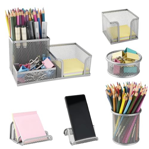 6 Pack Mesh Metal Desk Organizer Stationery Storage Set Silver - color: Silver