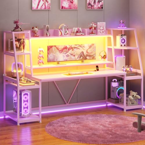 SEDETA 79'' Gaming Desk with LED Lights, Hutch and Storage Shelves, Pink - color: Pink, size: 78.8 inches