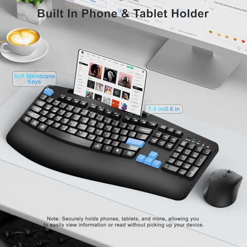 Wireless Keyboard and Mouse Combo, Full Size Ergonomic Wave Keys(Blue) - color: Blue Black