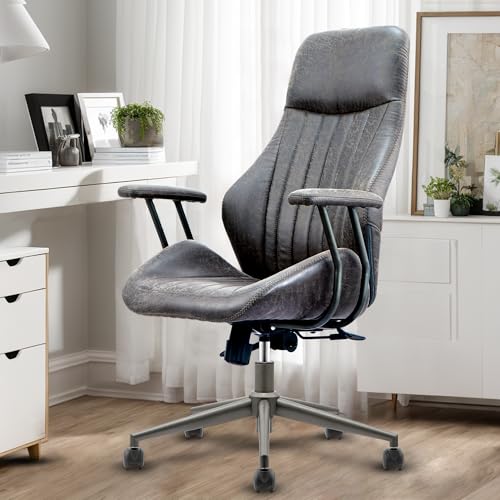 High Back Home Office Chair, Mid Century Vintage Executive Chair,Comfy Ergonomic Rolling Office Task Chair with Lumbar Support,Faux Leather Office Chair,Dark Gray - color: Dark Gray,suede Fabric, size: Standard High Back