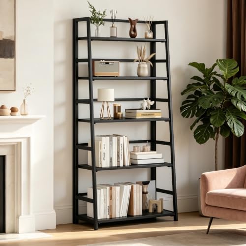 JSB 5 Tier Bookshelf, No Assembly Folding Ladder Bookshelf, 51.6in Tall Foldable Ladder Shelf, Bookcase for Home Office, Living Room,Space-Saving (All Black, 5 Tier) - color: All Black