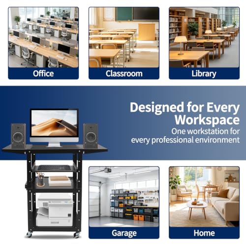 Mobile AV Cart with Power Outlet Adjustable Computer Workstation | Steel Rolling Media Utility Cart with Fold Side Shelves,Pullout Keyboard Tray,Locking Casters for Office Classroom Home - size: 24x18x41.75in