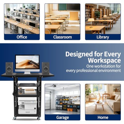 Mobile AV Cart with Power Outlet Adjustable Computer Workstation | Steel Rolling Media Utility Cart with Fold Side Shelves,Pullout Keyboard Tray,Locking Casters for Office Classroom Home - size: 24x18x41.75in
