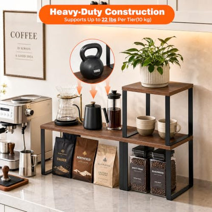 Countertop Organizer Corner Shelf, Wooden 2 Tier Stackable Kitchen Counter Shelves with Non-Slip Pads, Adjustable 3-Piece Desktop Corner Shelf for Desk, Kitchen, Bathroom, Coffee Corner