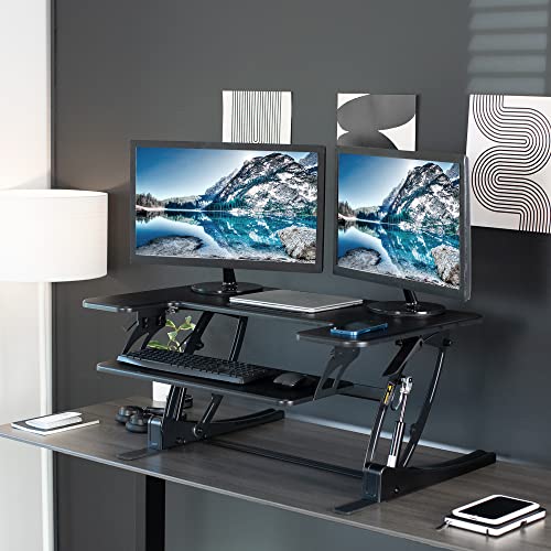 VIVO 36 inch Height Adjustable Stand Up Desk Converter, V Series, Quick Sit to Stand Tabletop Dual Monitor Riser Workstation, Black, DESK-V000V | Height Adjustable, Stand Up Desk Riser, Wide Keyboard Tray, Dual Monitor and Laptop Workstation, Black Frame,