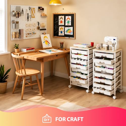 Goovilla Rolling Cart with 8 Drawers for Art, Dorm, Office, Craft, White | Utility Cart Organizer With 8 Removable Drawers and Wooden Tabletop, Lockable Rolling Storage Organizer for Classroom, Home - size: White