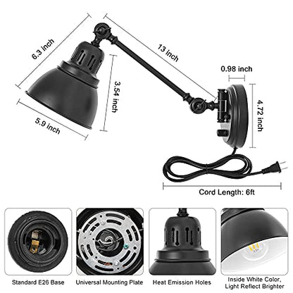 GOODATE Plug in Wall Sconces, Wall Sconce Lighting with Dimmable On Off Switch, Swing Arm Wall Lamp, Black Metal Industrial Wall Light Fixtures, Safety E26 Base, 6FT Plug in Cord - size: Black-1 PACK