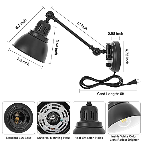 GOODATE Plug in Wall Sconces Set of 2, ENCOMLI Wall Sconce Lighting with Dimmable On Off Switch, Swing Arm Wall Lamp, Black Metal Industrial Wall Light Fixtures, Safety E26 Base, 6FT Plug in Cord - size: Black-2 PACK