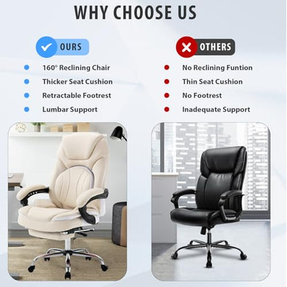 Comfortable Reclining Office Desk Chair with Foot Leg Rest, Beige | Big Tall Computer Gaming Chair, Adjustable Lumbar Back Support, Wide Seat, Heavy Duty, Wheels, Faux Leather - color: Cream Beige