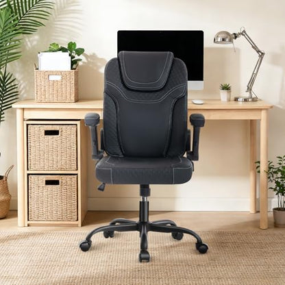 SEATZONE Black Office Chair Ergonomic Desk Chair with Lumbar Support, Flip-Up Arms, Adjustable Swivel Computer Chair with Wheels, PU Leather Executive Task Chair for Home Office Small Space - color: Black