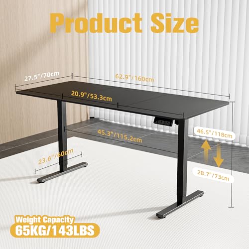 63"x28" Standing Desk, Height Adjustable Sit-Stand Home Office, Black | Electric Adjustable Standing Desk, Sit to Stand Computer Office Desk with Splice Board, Memory Preset, Lifts 28.7''-46.5" - color: Black, size: 63 inch