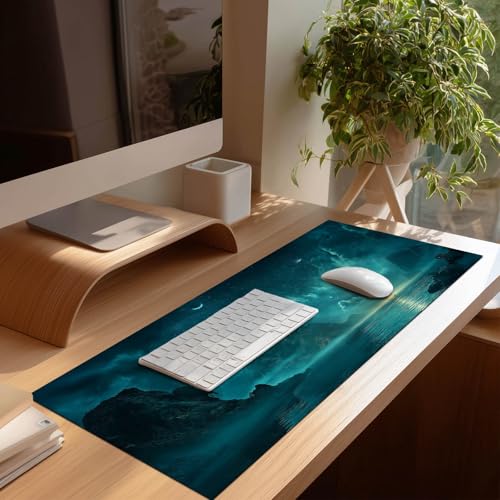 HOMETITUTE Large Mouse Pad 31.5x11.8 Inch Gaming Mousepad Teal Moon Night Seascape Art Non-Slip Keyboard Desktop Protector Mat XL Mouse Pad for Home Office Laptop Wireless Mice Accessories - color: Teal Moon Night Seascape Art