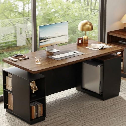71" Executive Standing Desk with Privacy Panel, Black Walnut | Electric Height Adjustable with One-Piece Desktop, Built-In Power Outlets and Storage, Home Office Executive Workstation
