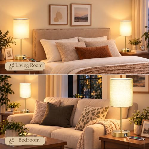 Lynnoland Set of 2 Touch Control Table Lamps, 3-Way Dimmable Bedside Nightstand Lamps for Bedroom Living Room Nursery, 800 Lumens 3000K Warmlight Bulbs Included, Coarse Linen - color: Natural Beige & Brushed Gold