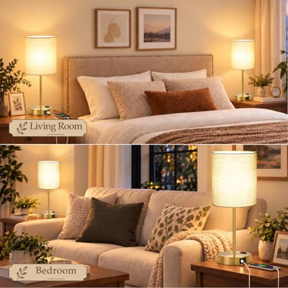 Lynnoland Set of 2 Touch Control Table Lamps, 3-Way Dimmable Bedside Nightstand Lamps for Bedroom Living Room Nursery, 800 Lumens 3000K Warmlight Bulbs Included, Coarse Linen - color: Natural Beige & Brushed Gold