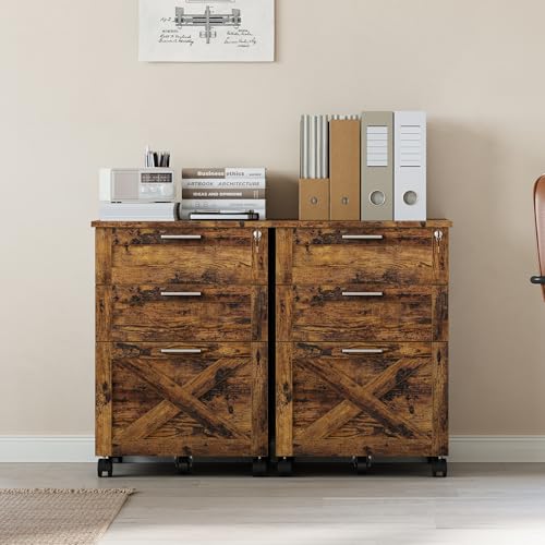 Garvee 3-Drawer Mobile File Cabinet with Lock, Under Desk Storage Drawers - color: Rustic Brown