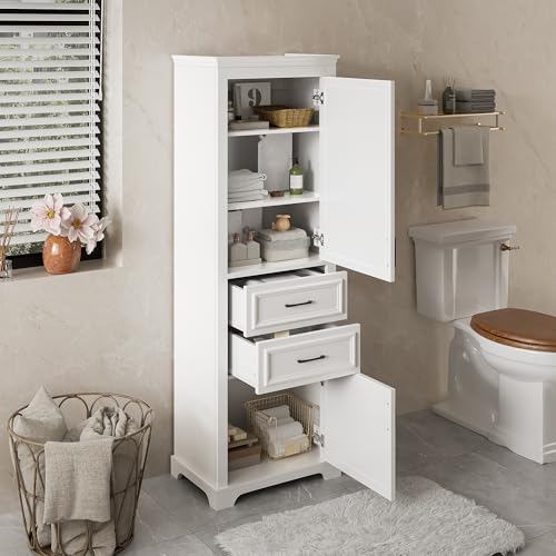 Tall Freestanding Storage Cabinet with 2 Doors & 2 Drawers, Multi-Purpose Organizer with Adjustable Shelf for Bathroom, Office, Living Room, White - color: White/2 Drawers