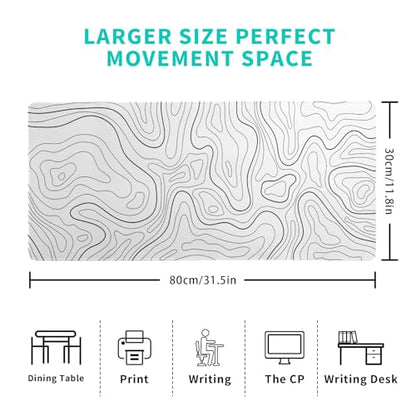 Topographic Contour White Gaming Mouse Pad XL Geographic Map Lines Extended Big Large Desk Mat Non-Slip Rubber Base Stitched Edge Long Keyboard Mousepad for PC Computer Laptop,31.5x11.8 Inch - color: White Topographic Contour