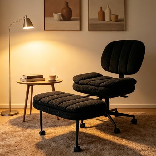 Ergonomic Cross Legged Office Chair with Footrest, 360° Swivel Height Adjustable Faux Shearling Criss Cross Chair, Wide Seat & Back Support for Home Office, ADHD, Black - color: Wool Black