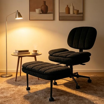 Ergonomic Cross Legged Office Chair with Footrest, 360° Swivel Height Adjustable Faux Shearling Criss Cross Chair, Wide Seat & Back Support for Home Office, ADHD, Black - color: Wool Black