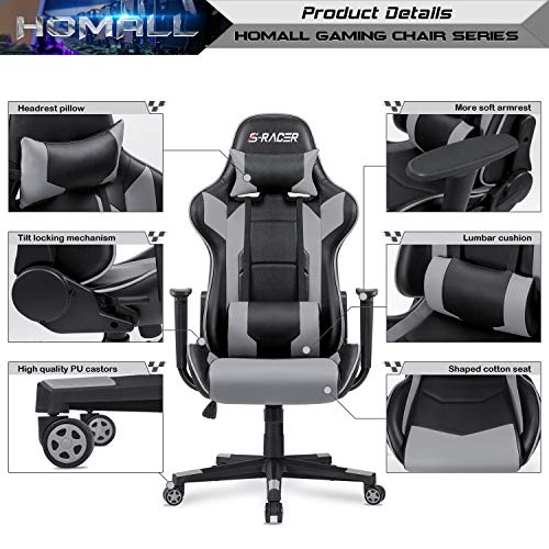 Homall Gaming Chair, Office Chair High Back Computer Chair Leather Desk Chair Racing Executive Ergonomic Adjustable Swivel Task Chair with Headrest and Lumbar Support (Grey) - color: Grey