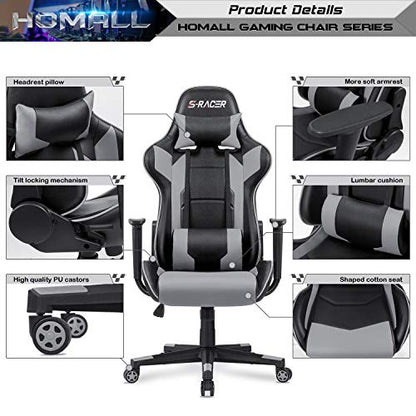 Homall Gaming Chair, Office Chair High Back Computer Chair Leather Desk Chair Racing Executive Ergonomic Adjustable Swivel Task Chair with Headrest and Lumbar Support (Grey) - color: Grey