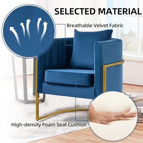 Velvet Accent Barrel Chairs Set of 2, Modern Arm Club Chair Set with Pillow for Living Room/Bedroom/Guest Reception, Channel Tufted, Gold Finish Base, Navy Blue - color: Navy Blue, size: 2 PCS