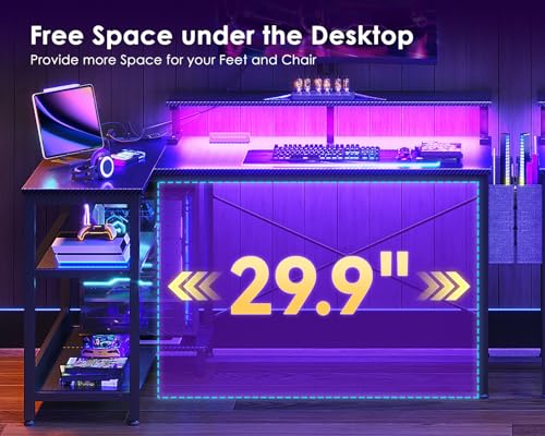 ODK 40 Inch L Shaped Gaming Desk with LED Lights, Power Outlets, Black - size: 40 Inch
