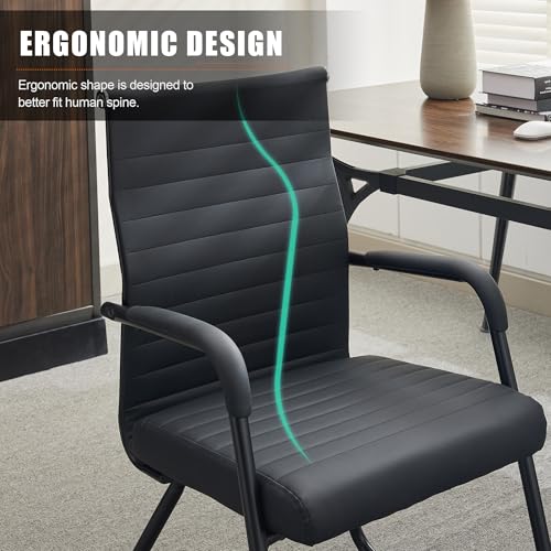 Okeysen Office Guest Chairs Set of 2, Modern Leather Reception Chairs with Mid Back & Sled Base, No-Wheel Desk Chairs for Waiting Room & Conference Room - color: Black Leather/Black Frame, size: Set of 2