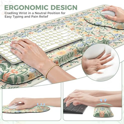 iCasso Green Desk Pad Mat, Large Mouse Pad and Keyboard Wrist Rest Set, Desk Protector Mat,4in1 Ergonomic Carpal Tunnel Keyboard Pad with Wrist Support for Desktop Cover Home Office Computer - color: Green Vine Flowers