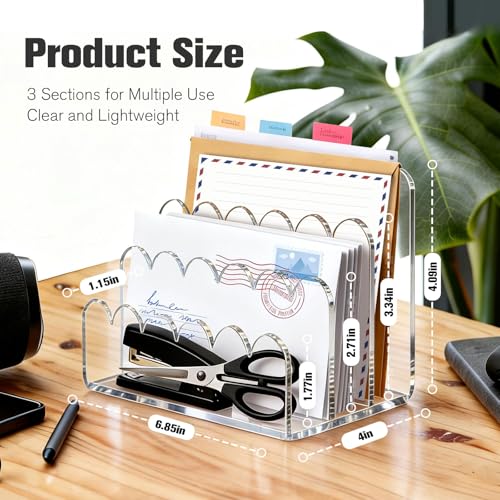 3 Compartments Acrylic Mail Organizer, Vertical File Sorter & Scalloped Desk Organizer for Letters, Envelopes, Bills, Stationery, Mail Holder for Office and Home