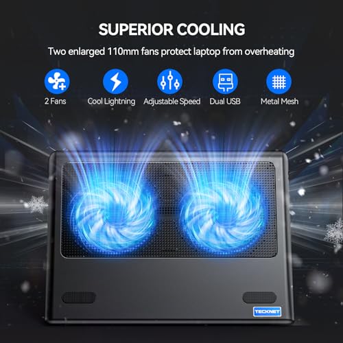 TECKNET Laptop Cooling Pad - 12"-15.6" Laptop Cooler with Quiet Cooling Fan | USB-A & USB-C Powered Cooling Stand with Adjustable Wind Speeds for Gaming, Work & Everyday Computing, Blue LED - color: Blue