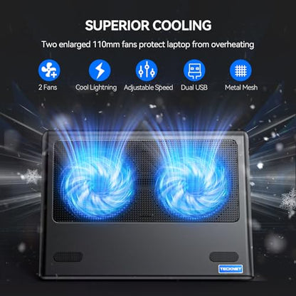 TECKNET Laptop Cooling Pad - 12"-15.6" Laptop Cooler with Quiet Cooling Fan | USB-A & USB-C Powered Cooling Stand with Adjustable Wind Speeds for Gaming, Work & Everyday Computing, Blue LED - color: Blue