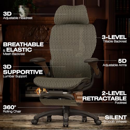ELABEST X100 Ergonomic Mesh Office Chair with Footrest, Big and Tall Home Desk Chair with 5D Flip-Up Arms, Adjustable 3D Lumbar Support, Gaming & Executive Computer Chair (Coffee Break) - color: Coffee Break
