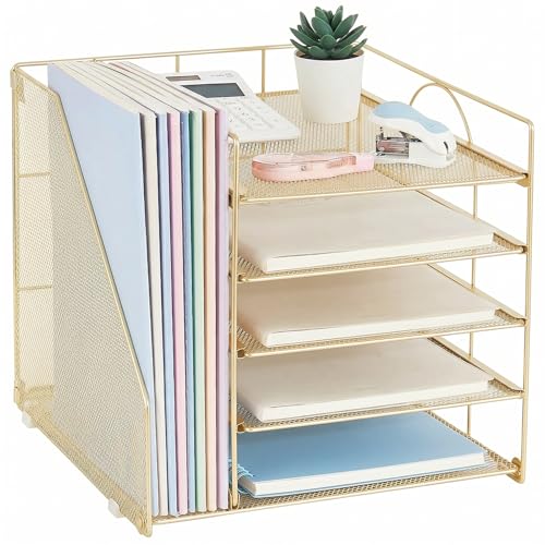 LEKETREE Desk Organizers and Accessories, 5-Tier Paper Letter Tray Organizer with File Holder, Desktop Organizer for Office Supplies (Gold) - color: Gold, size: 12" x 12" x 12"