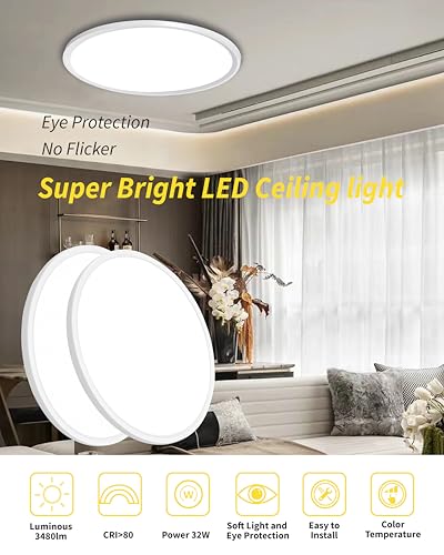 6Pack 16 Inch Led Flush Mount Ceiling Light Panel, 32W,3480LM, 3000K/4000K/6000K CCT Selectable,Ultra Thin Round White Ceiling Light Fixture for Hallway Kitchen Bedroom Home Office Bathroom - color: White, size: Non-Dimmable-16IN-6PACK