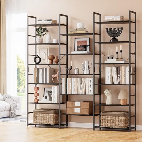 NUMENN Triple Wide 6-Tier Adjustable Bookshelf with 17 Shelves, Black | Metal Frame & Wood Shelves, Open Freestanding Storage Unit with Supporting Bars for Bedroom, Living Room and Home Office - color: Vintage, size: 5 Tier(V-shaped)