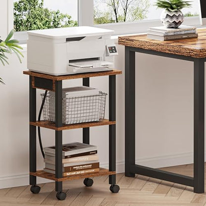 TUTOTAK Printer Stand, 3 Tier Rolling Printer Cart with Charging Station - color: Brown, size: 3 tier(15.7 x 11.8 x 23.6inchs)