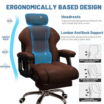Executive Computer Chair Home Office Desk Chair,Adjustable Angle, Ergonomic Adjustable Height PU Leather Chairs with Cushions Armrest for Long Time Seating-High Office Chair with Footrest - color: Brown