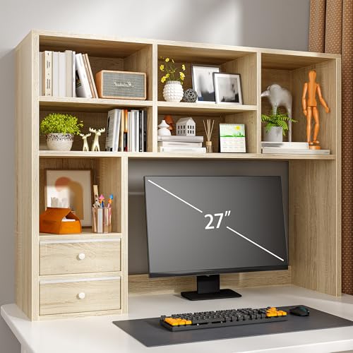 REIBII Desk Hutch, 7 Shelves and 2 Drawers, Adjustable Shelf, Natural | Small Space Organizers, Anti-Tip for Secure Stability - color: Natural