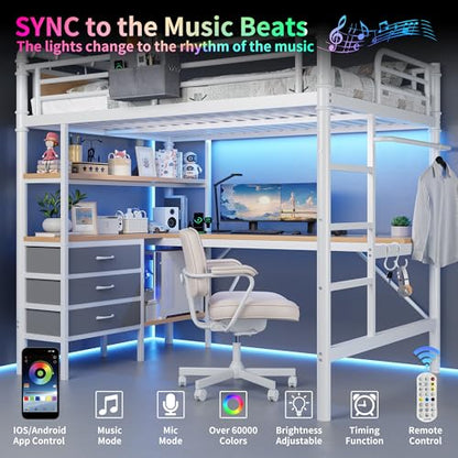 Jocoevol Full Size Loft Bed with L-Shaped Desk, LED Lights,Charging Station, Industrial Heavy Duty Metal Loft Bed Frame with 3 Storage Shelves and 3 Fabric Drawers, Safety Guard & Ladder, White - color: White, size: Full