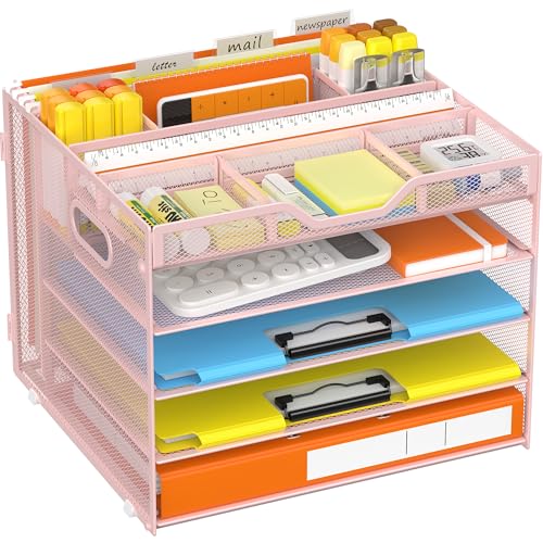 Docnest 5 Tier Desk Organizer with Hanging File Folder Holder&Tray, Pink - color: Pink, size: 12.6" x 11.8" x 10.3"