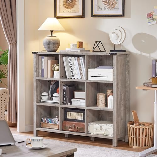 Joaxswe 9 Cube Bookcase, Farmhouse 47 Inch Wide Grey Oak Bookshelf, Wooden 3 Tier Display Large Open Book Shelf, Vintage Horizontal Book Case for Home Office, Cubby Storage Cabinet for Living Room - color: Grey Oak, size: 9 Cube (13.6 "D x 47.24 "W x 42.2