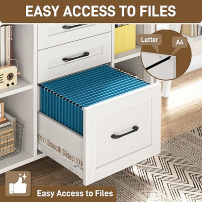 Vabches File Cabinet with 3 Drawers, Farmhouse Lateral File Cabinet Fits Files Letter/A4 Size, Wooden Filing Cabinet with Adjustable Shelves Printer Stand for Home Office, White - color: White and Brown